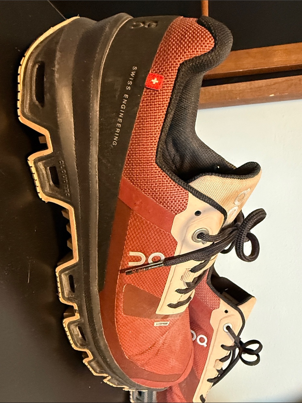 On Running Red and Tan Women's Trail Sneakers